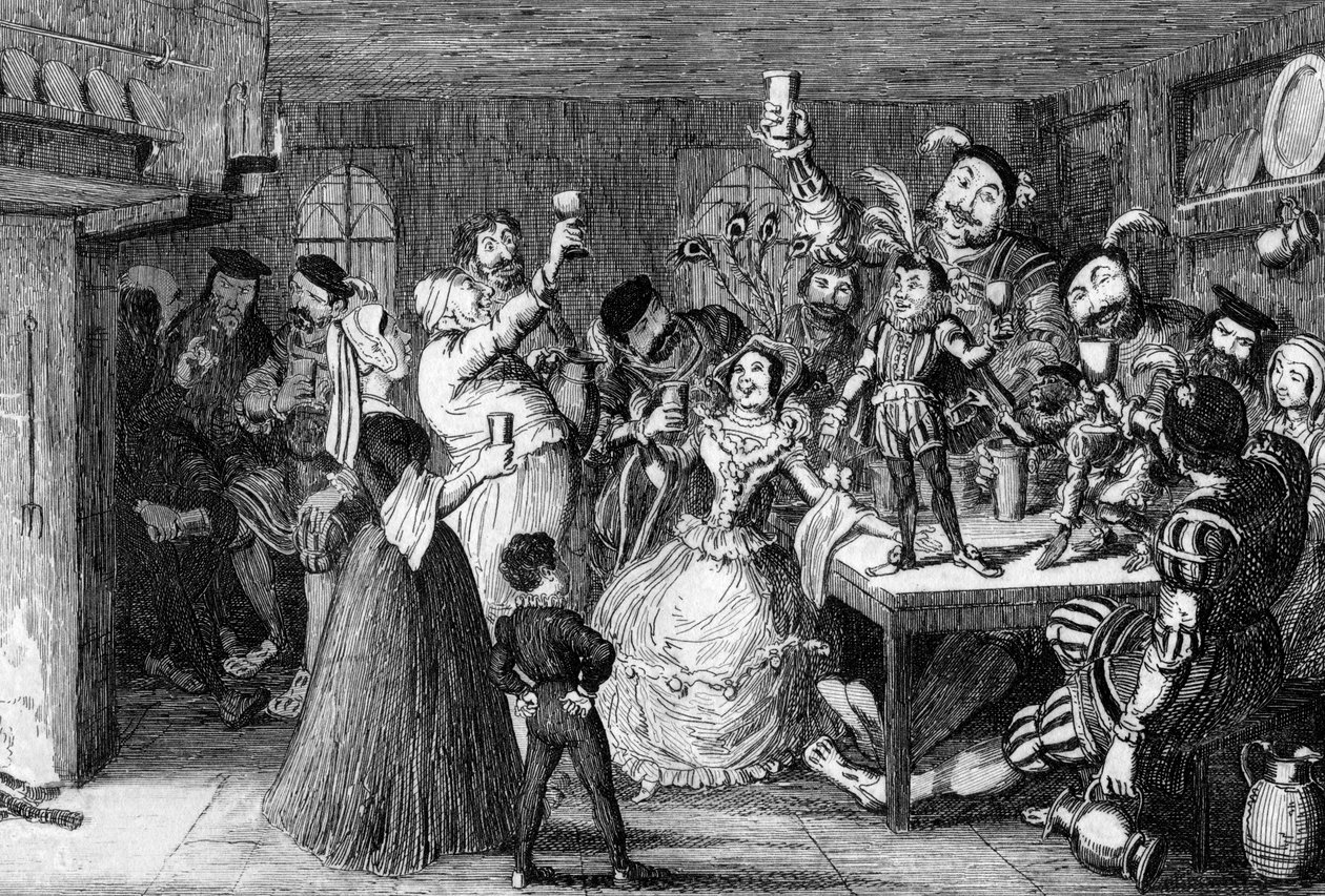 Xit, nykyään Sir Narcissus le Grand, viihdyttää ystäviään hääpäivänä vuonna 1840. tekijältä George Cruikshank