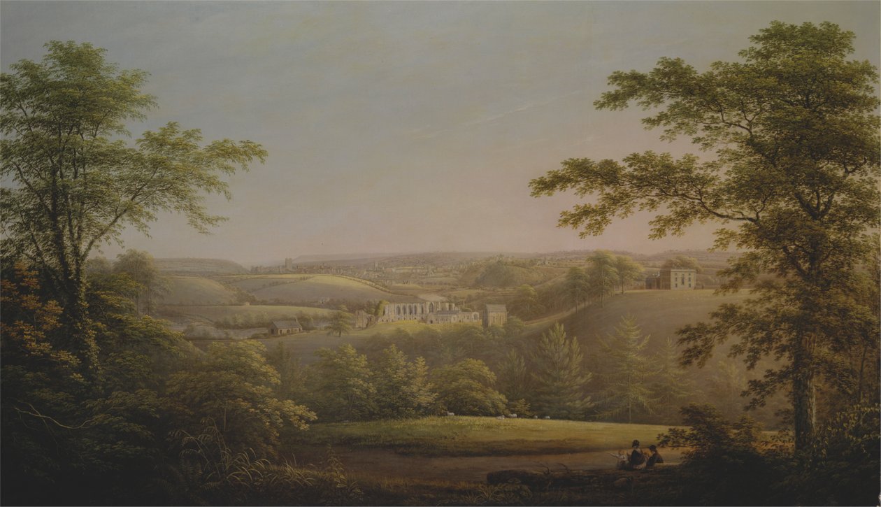 Easy Hall ja Easby Abbey taustalla Yorkshiren Richmondin kanssa tekijältä George Cuitt