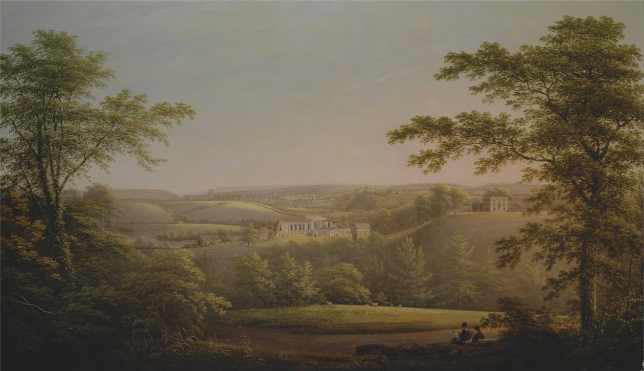 Easby Hall ja Easby Abbey sekä Richmond, Yorkshire taustalla. tekijältä George Cuitt