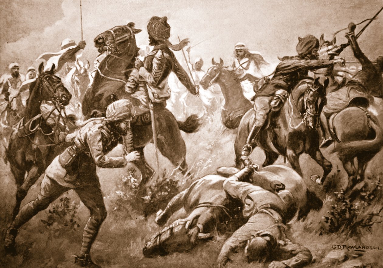 Risaldar Santa Singh, Dafadar Bisham Singh ja Sowar Buda Singh murtautumassa arabien riveistä kapteeni Willoughbyn avuksi tekijältä George Derville Rowlandson