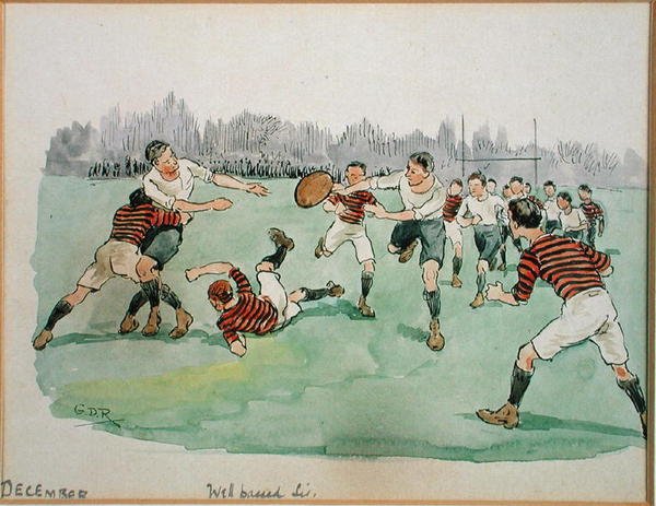 Joulukuu: Rugby (kynä ja muste ja akvarelli paperille) tekijältä George Derville Rowlandson