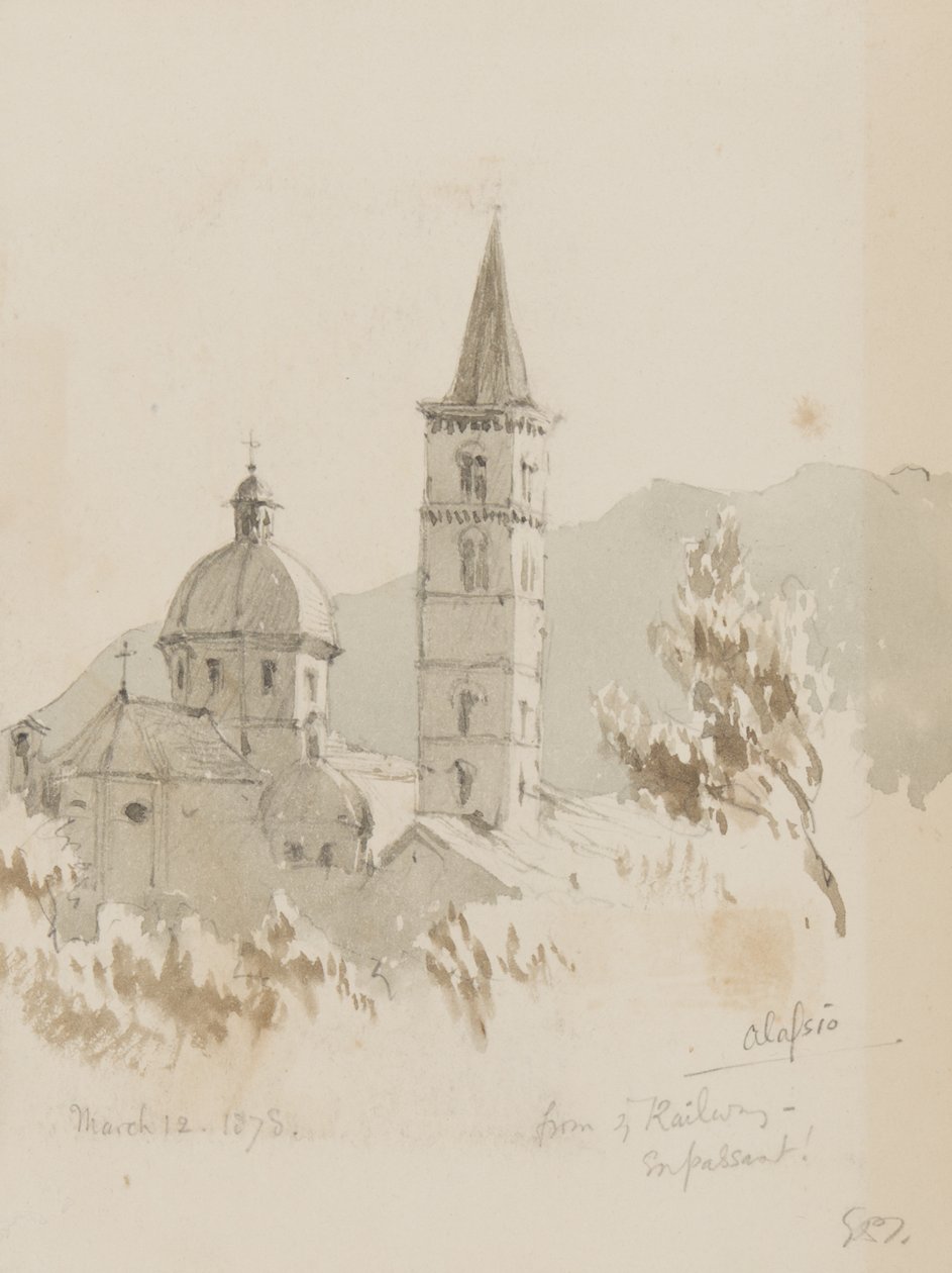 Alassio, rautatieltä, En Passant!, 12. maaliskuuta 1878 (lyijykynä ja wc paperille). tekijältä George Douglas Tinling