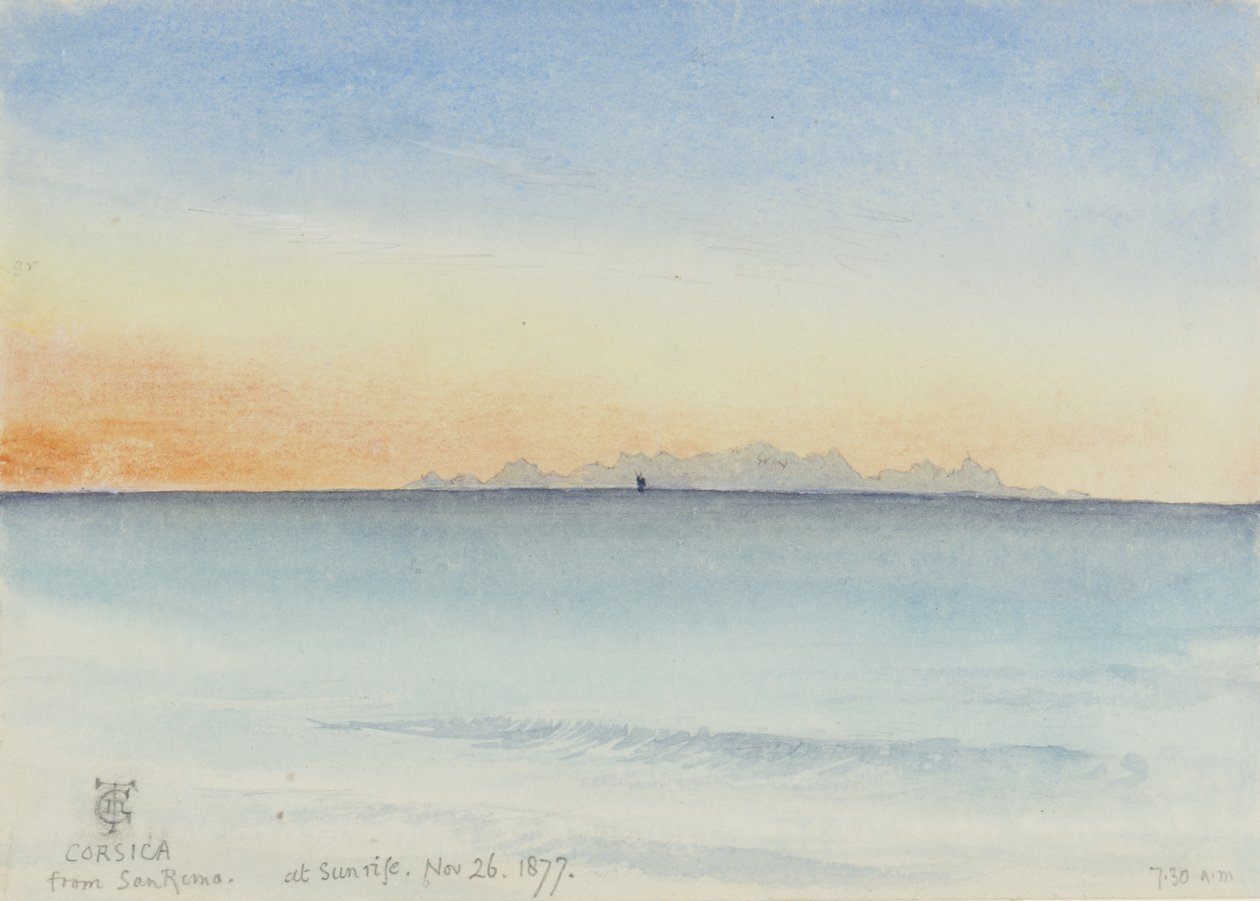 Korsika San Remosta auringonnousun aikaan, 7.30 26.11.1877 (wc paperille) tekijältä George Douglas Tinling