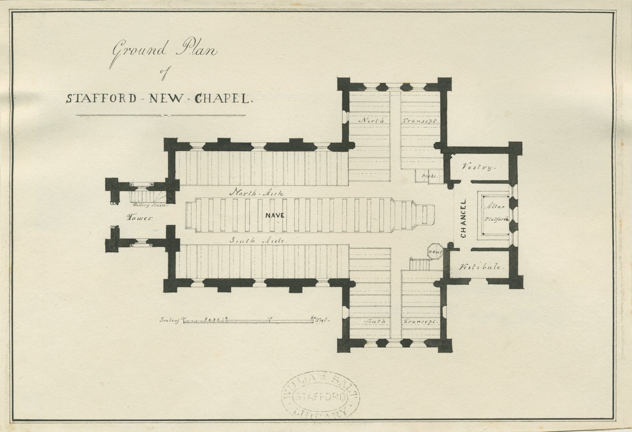 Stafford - Christ Churchin pohjapiirros: kynä- ja mustepiirustus, nd [c 1838] (piirustus) tekijältä George E. Hamilton