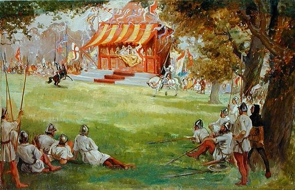 Turnajaiset, Sir Nigel and the White Company, Sir Arthur Conan Doyles (1859-1930) (öljy kankaalle asetettuna alukselle) (katso myös 140868) tekijältä George Edmund Butler