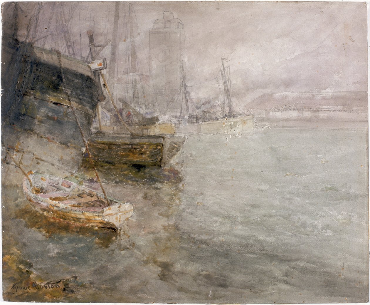 North Shields Fish Quay (hiili, lyijykynä ja akvarelli aluksella) tekijältä George Edward Horton