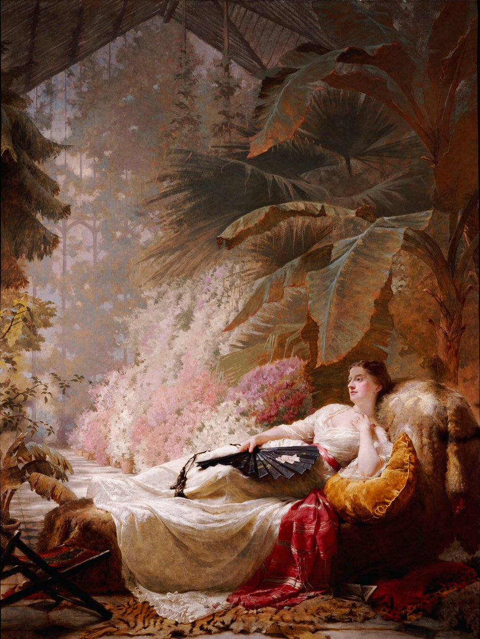 Muotokuva Adelaide Maria Guinnessista, joka makaa sohvalla konservatoriossa, 1885 tekijältä George Elgar Hicks