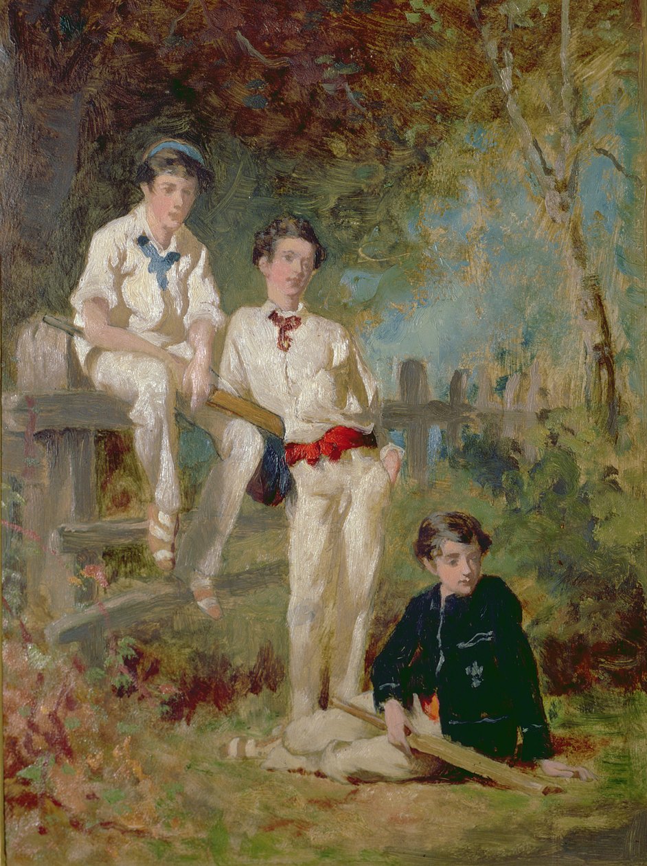 Kolme nuorta krikettipelaajaa, n. 1883 (öljy kortille) tekijältä George Elgar Hicks