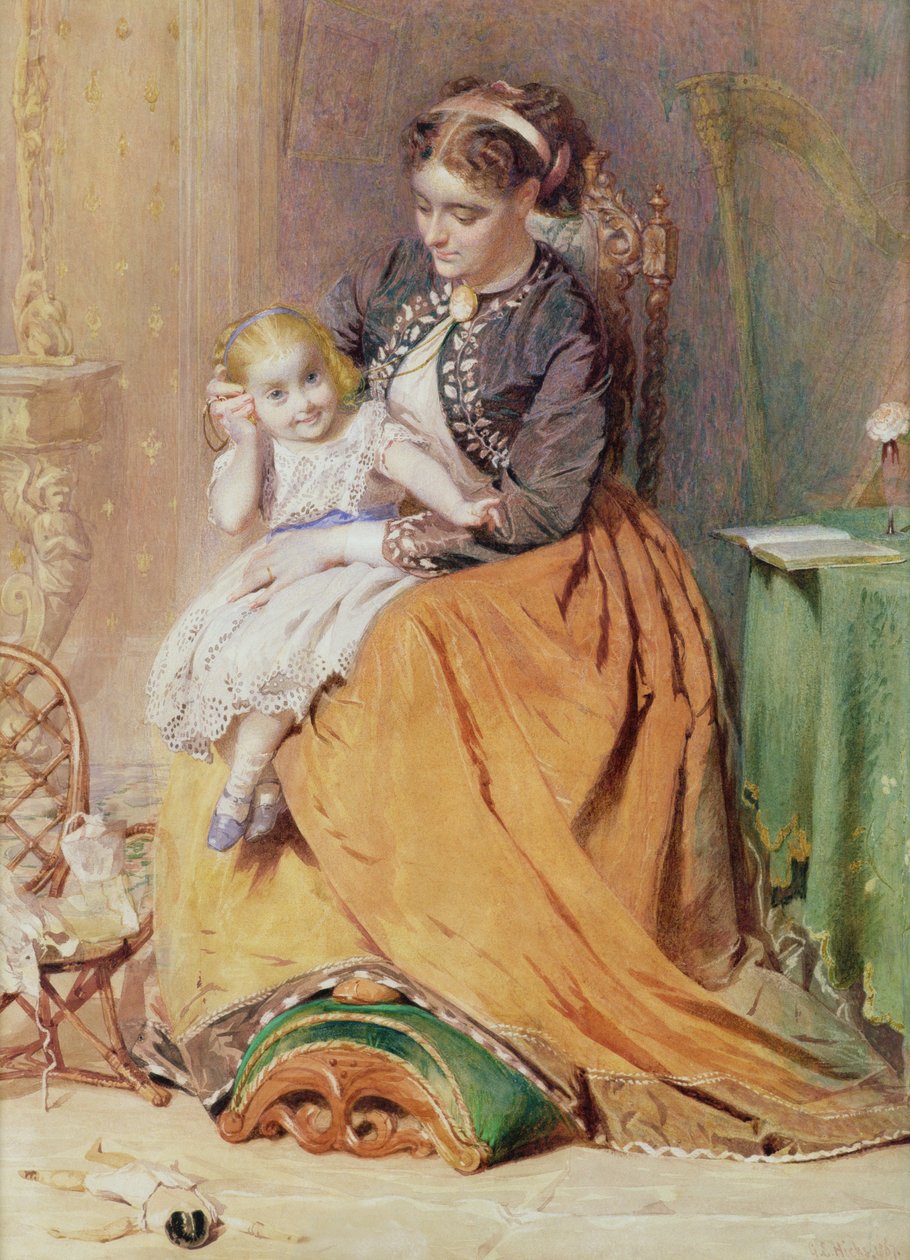 Tick, Tick, Tick - tyttö istuu äitinsä sylissä ja kuuntelee kultakellonsa tikitystä, 1867 tekijältä George Elgar Hicks