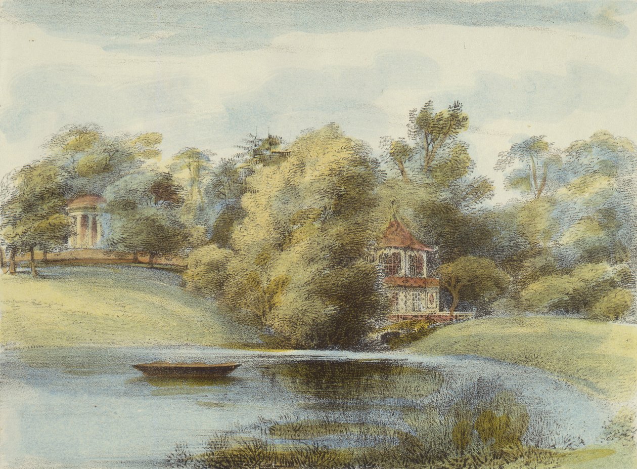 Kiinalainen temppeli ja Eolusin temppeli, Kew Gardens, levy 16 Kew Gardensista: Sarja 24 piirustusta kiveen, kaiverrettu Charles Hullmandel (1789-1850), julkaistu 1820 (käsinvärinen litho) tekijältä George Ernest after Papendiek