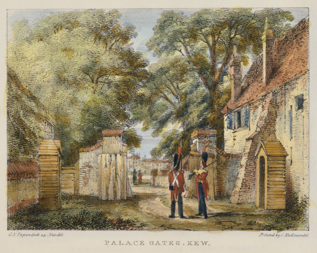 Palace Gates, Kew, levy 3 Kew Gardensista: Sarja 24 piirustusta kiveen, kaivertanut Charles Hullmandel (1789-1850), julkaistu 1820 (käsinvärinen litho) tekijältä George Ernest after Papendiek