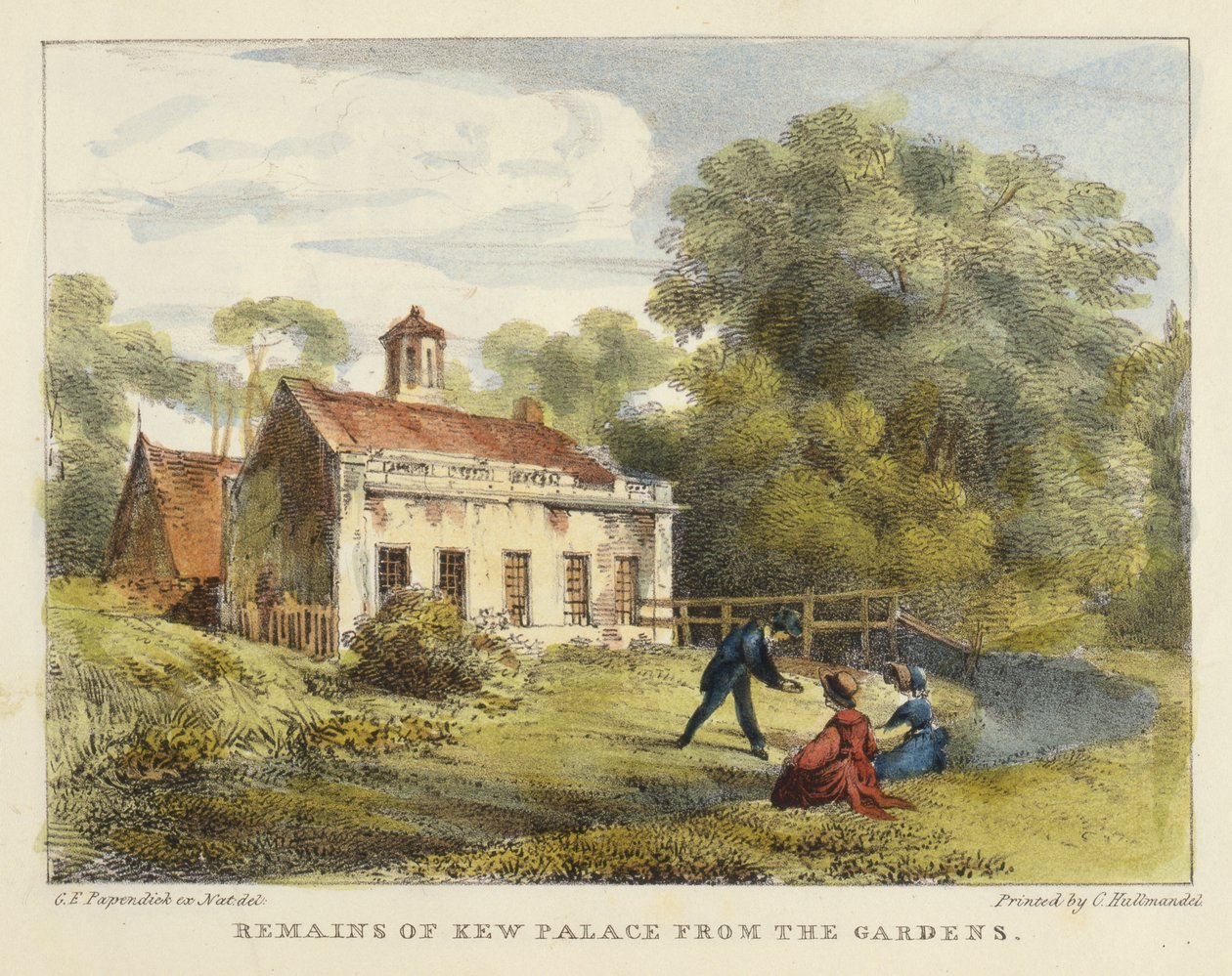 Kew Palacen jäänteet Gardensista, levy 6 Kew Gardensista: Sarja 24 piirustusta kiveen, kaiverrettu Charles Hullmandel (1789-1850), julkaistu 1820 (käsinvärinen litho) tekijältä George Ernest after Papendiek