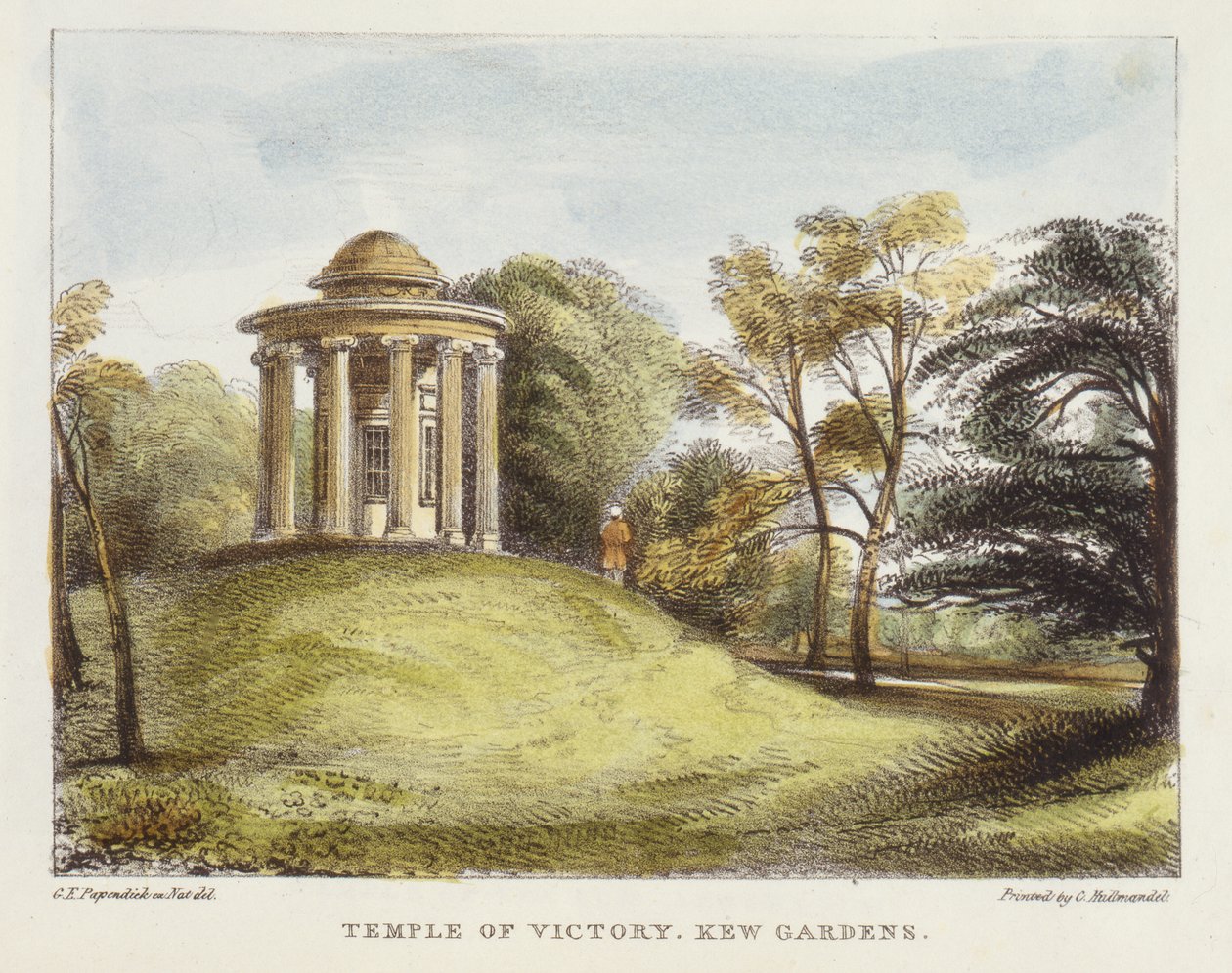 Auringon temppeli, Arboretum, Kew Gardens, levy 20 Kew Gardens: A Series of Twenty-4 Drawings on Stone, kaiverrettu Charles Hullmandel (1789-1850), julkaistu 1820 (käsinvärinen litho) tekijältä George Ernest after Papendiek