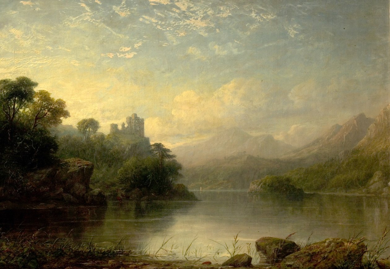 Järvimaisema raunioineen linnan ja vuorten kanssa, 1800-luku tekijältä George F. Buchanan