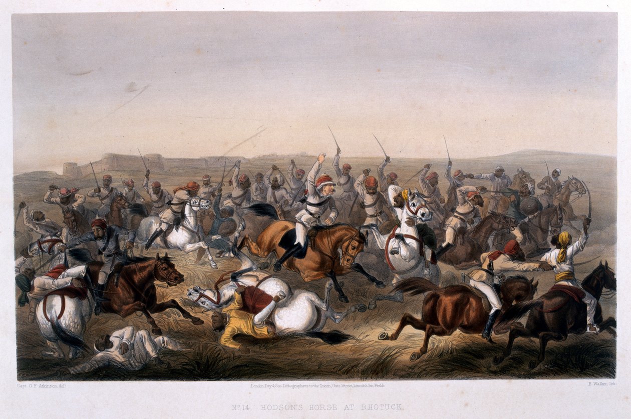 Hodsonin hevonen Rhotuckissa, julkaisusta "Kampanja Intiassa 1857-1858 Suuren kapinan tapahtumarikkaan aikana tehdyistä piirustuksista, jotka kuvaavat Delhiä ja sen naapuria edeltäviä sotatoimia tekijältä George Francklin Atkinson