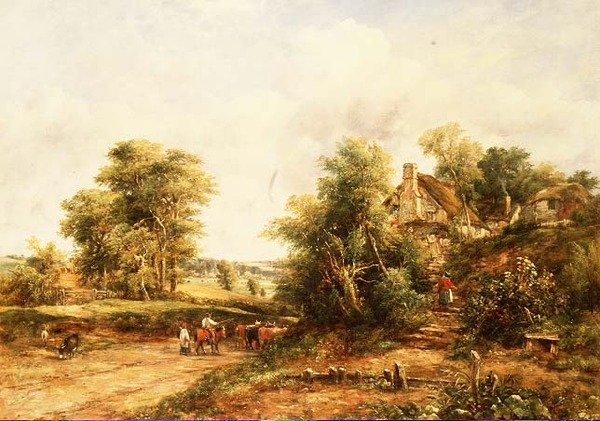 Kesämaisema illanviettopaikalla kuljettajien ja karjan kanssa tekijältä George Frederic Watts