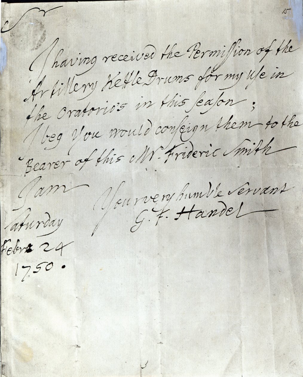 George Frederick Händelin kirje, päivätty 24. helmikuuta 1750 tekijältä George Frederick Handel