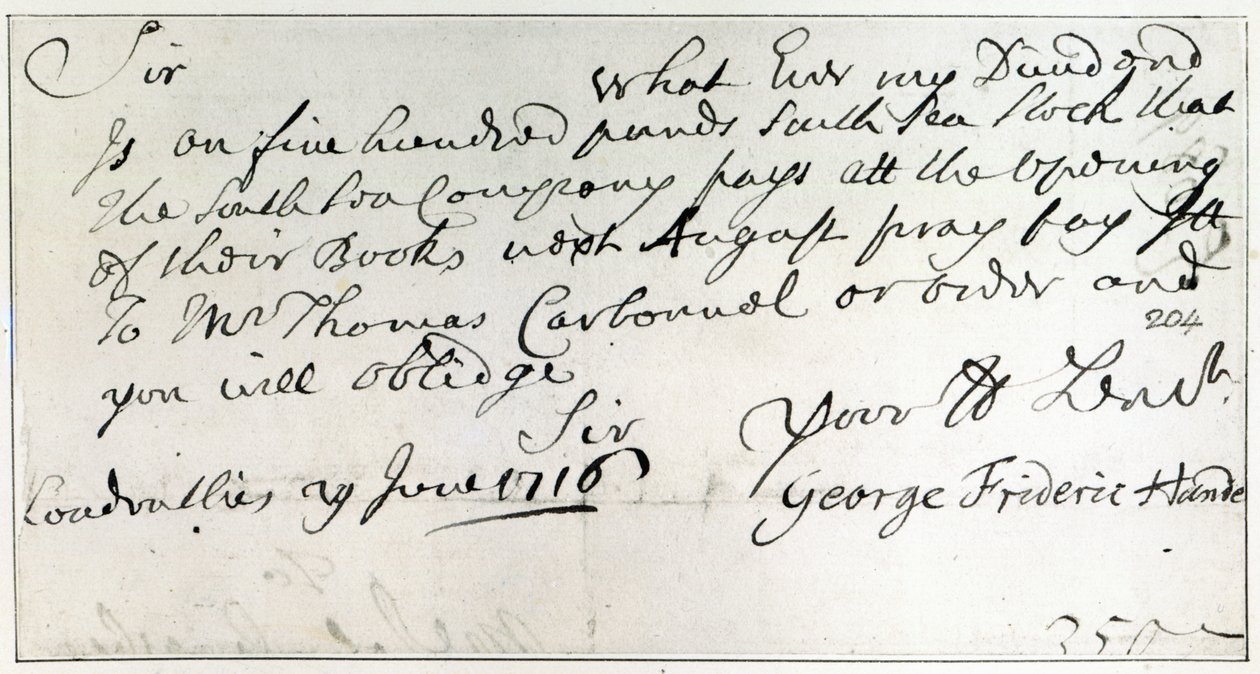 Händelin kirjoittama kirje, kesäkuu 1716 tekijältä George Frederick Handel