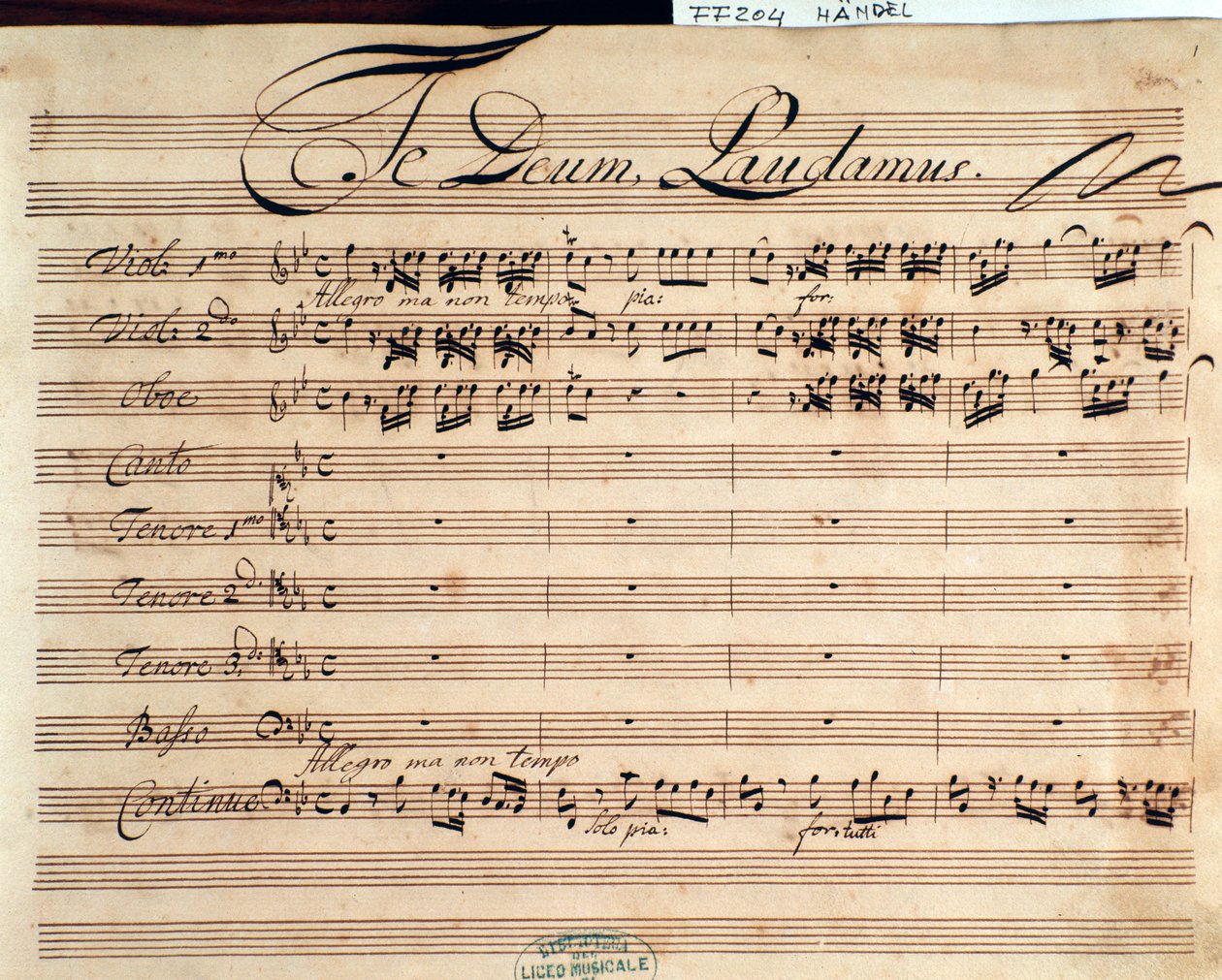 G F Händelin Te deumin partituurin nimisivu tekijältä George Frederick Handel