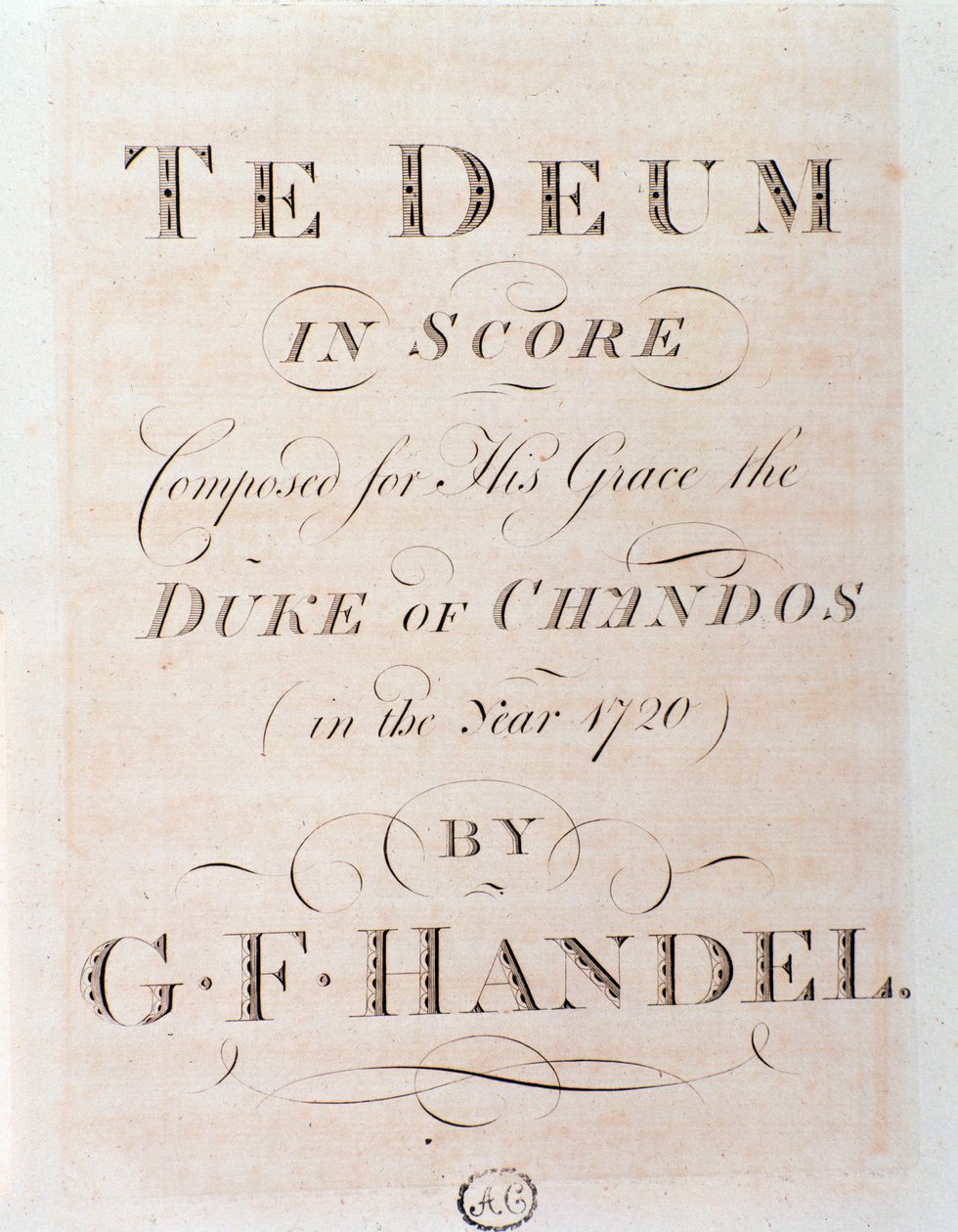 G F Händelin Te deumin partituurin nimisivu tekijältä George Frederick Handel