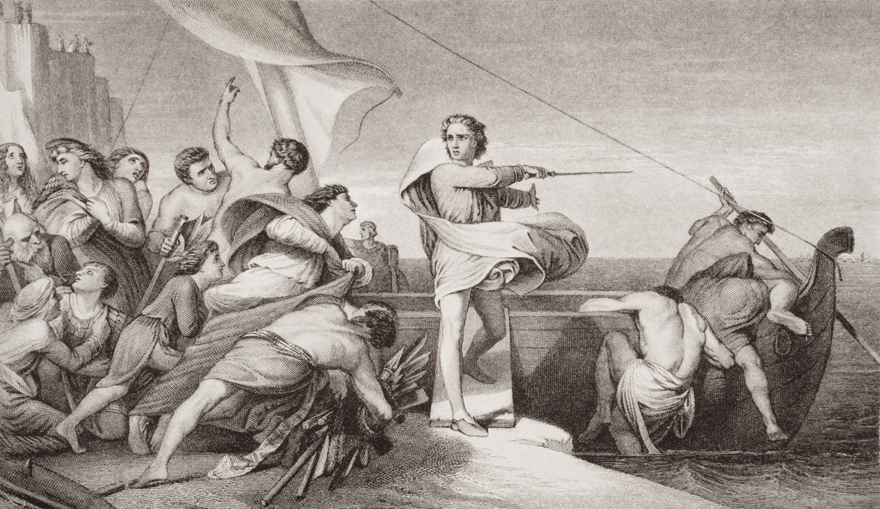 Kuningas Alfred yllytti anglosakseja torjumaan tanskalaisten hyökkäystä vuonna 876 jKr., "Englannin ja Skotlannin historian kuvituksista" osa I. tekijältä George Frederick Watts