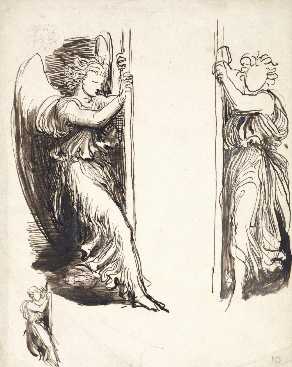 Studies for Angels in The Court of Death (kynä ja ruskea muste grafiitin päällä) tekijältä George Frederick Watts