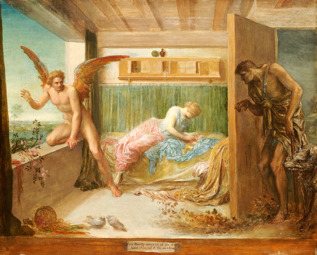 Kun köyhyys tulee ovesta sisään, rakkaus lentää ulos ikkunasta, 1879 tekijältä George Frederick Watts