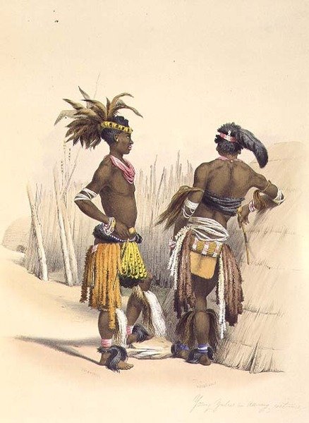 Umbambu ja Umpengulu, nuori zulu tanssiasussa, levy 15 The Kafirs Illustratedista tekijältä George French (after) Angas