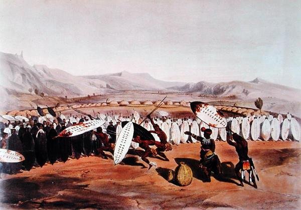 Umpanda tarkastamassa joukkojaan Nonduengossa, kaiverrettu J.Needham, n.1849 (värilitografia). tekijältä George French (after) Angas