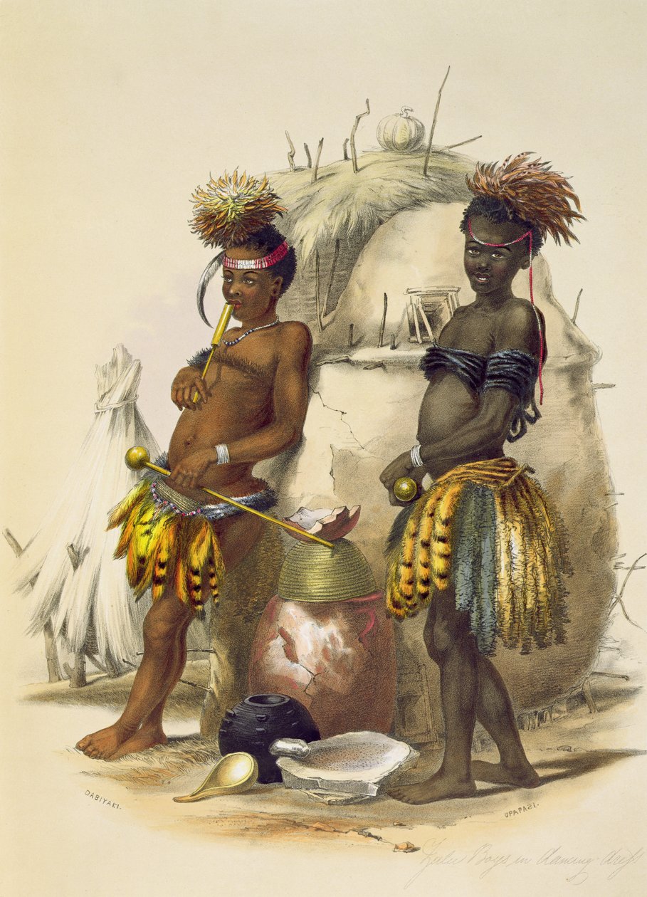 Dabiyaki ja Upapazi, Zulu Boys in Dancing Dress, levy 17 The Kafirs Illustratedista, 1849 tekijältä George French Angas