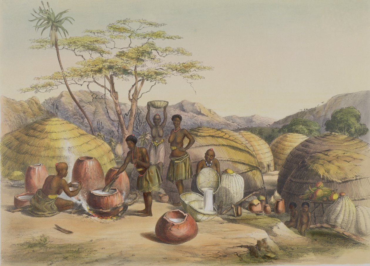 Gudun kraal Tugalassa, Naiset tekevät olutta, lautanen 26 The Kafirs Illustratedista, 1849 tekijältä George French Angas