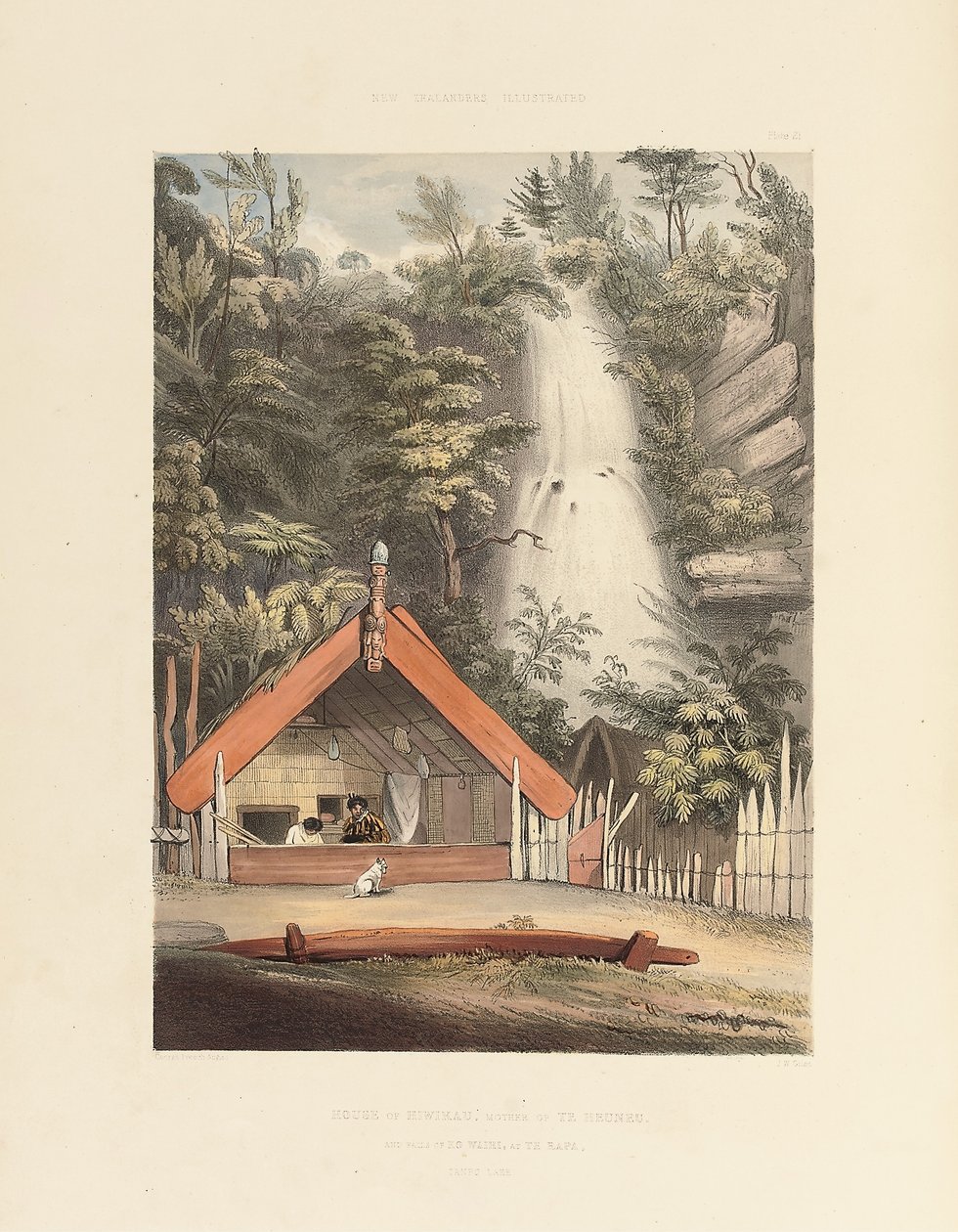 House of Hiwikau, Mother of the Heuneu ja Falls of Ko Waihi, Te Rapa, levy 21 teoksesta "The New Zelanders Illustrated", 1847 tekijältä George French Angas