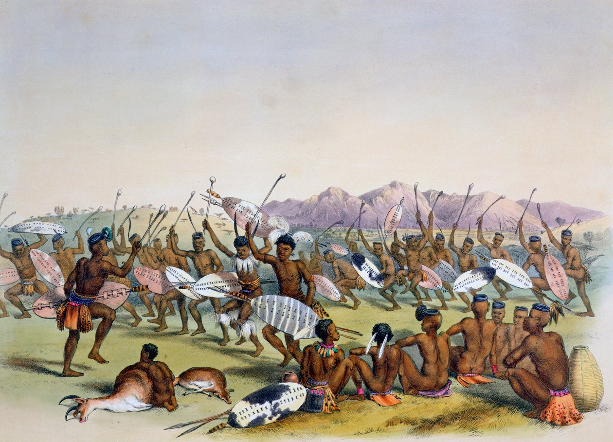 "Zulujen metsästystanssi lähellä Engooi-vuoria", 1849 tekijältä George French Angas