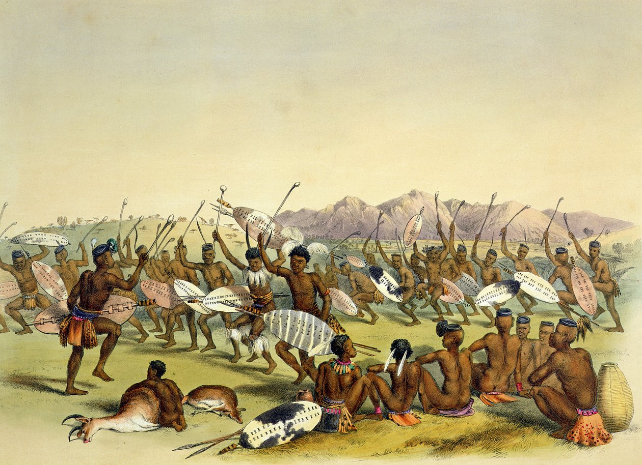 Zulujen metsästystanssi lähellä Engooi-vuoria, levy 14 The Kafirs Illustratedista, 1849 tekijältä George French Angas