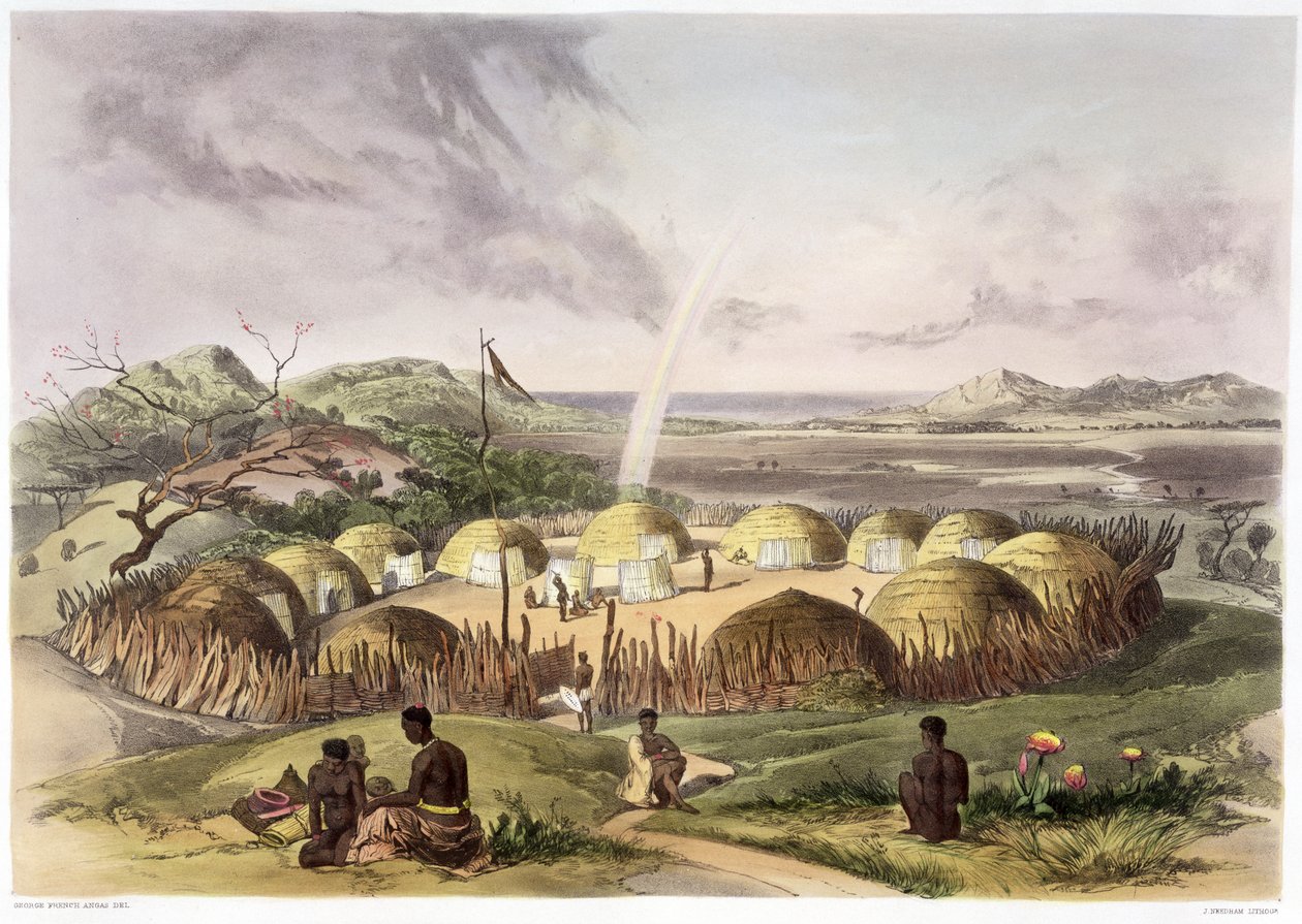 "Zulu Kraal lähellä Umlazia, Natal", 1849 tekijältä George French Angas