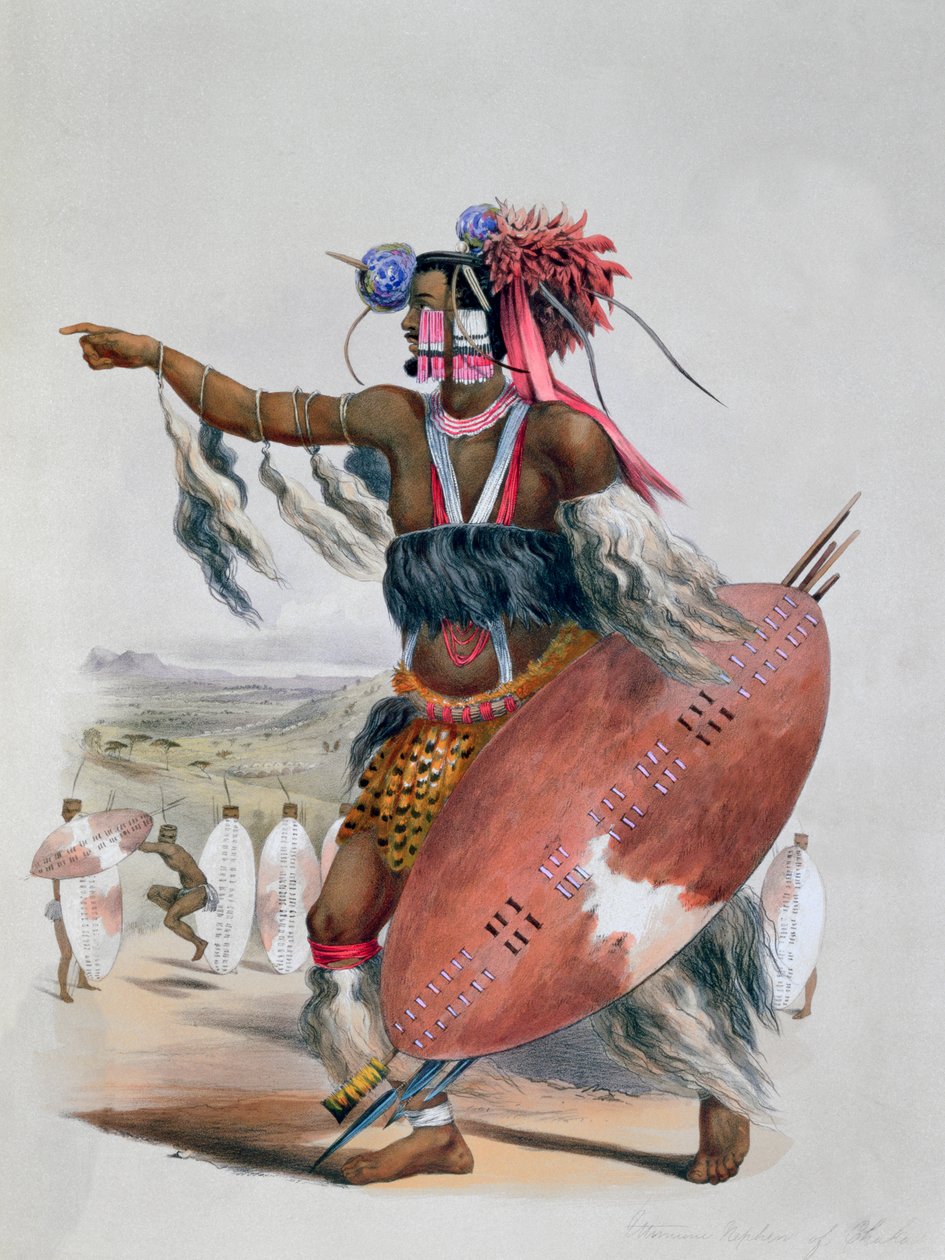 "Zulu Warrior, Utimuni, Chakan, myöhäisen zulukuninkaan veljenpoika", 1849 tekijältä George French Angas