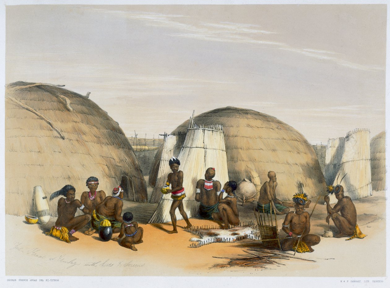Zulu kraal Umlazissa majoineen ja verhoineen, 1849 tekijältä George French Angas