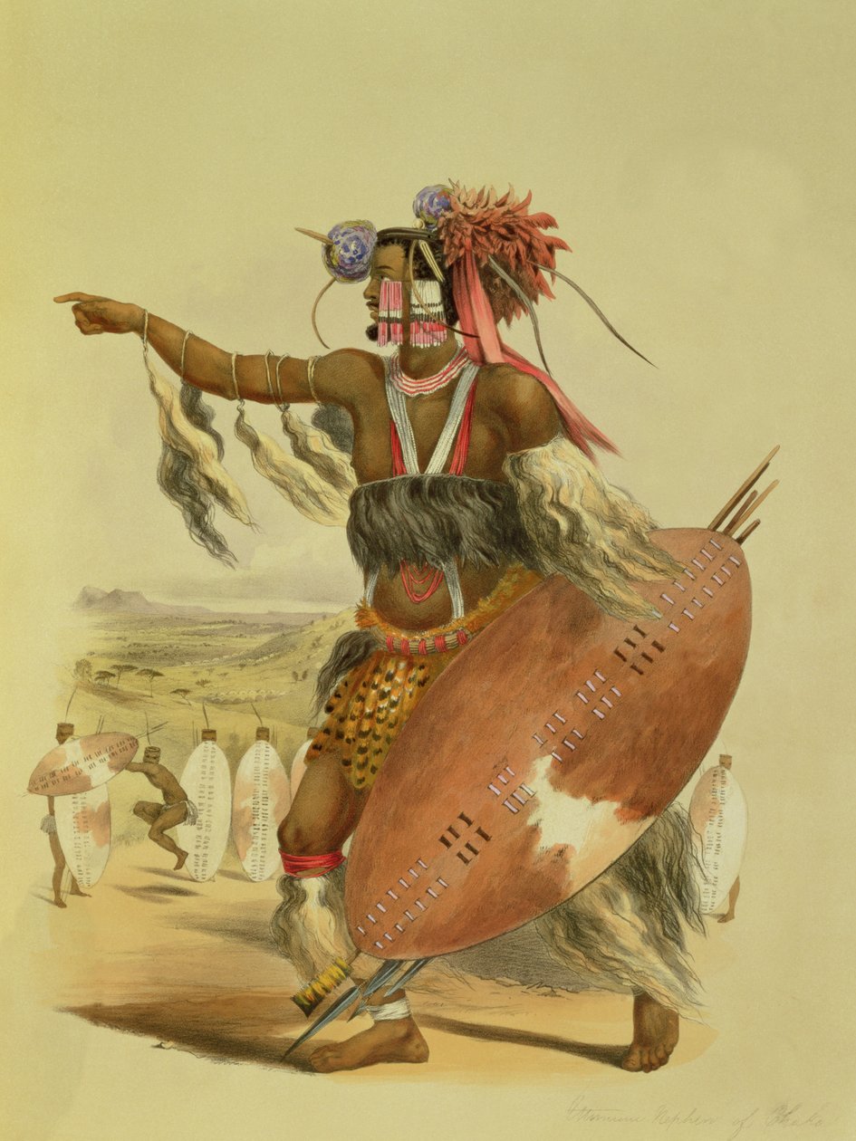 Zulusoturi, Utimuni, edesmenneen zulukuninkaan Chakan veljenpoika, levy 13 The Kafirs Illustratedista, 1849 tekijältä George French Angas