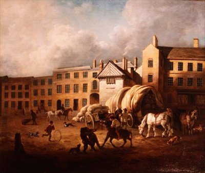 1700-luvun kaupunkikuva, jossa on hahmoja ja hevosia pihalla tekijältä George Garrard