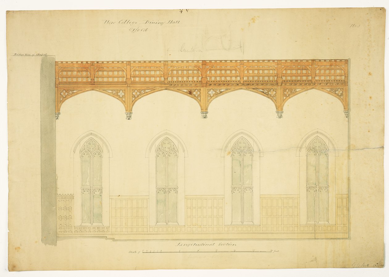 New College Oxford: Design for New Hall Roof, 1865 (kynän ja musteen pesu paperille) tekijältä George Gilbert Scott