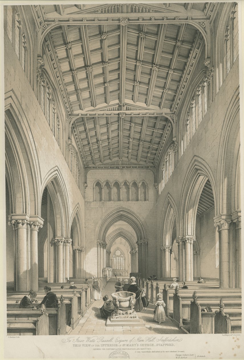 Stafford – Pyhän Marian kirkon sisustus: sävytetty litografia, nd [c 1841] tekijältä George Gilbert Scott