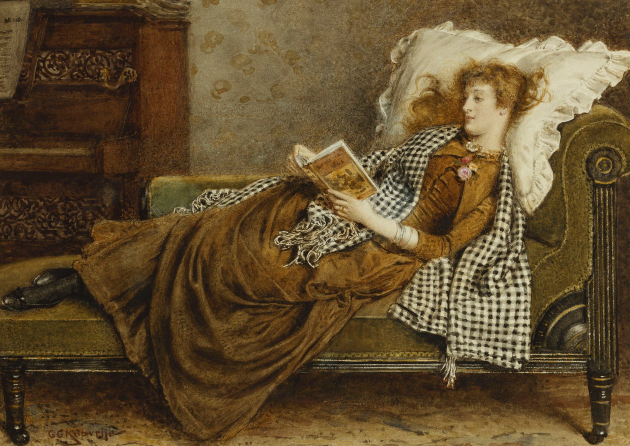 Nuori nainen lukemassa sisätiloissa, tekijältä George Goodwin Kilburne