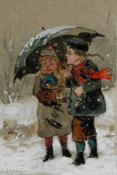 Lapset leikkivät lumessa (wc korotettu valkoisella paperilla) (katso pari 224241) tekijältä George Goodwin Kilburne
