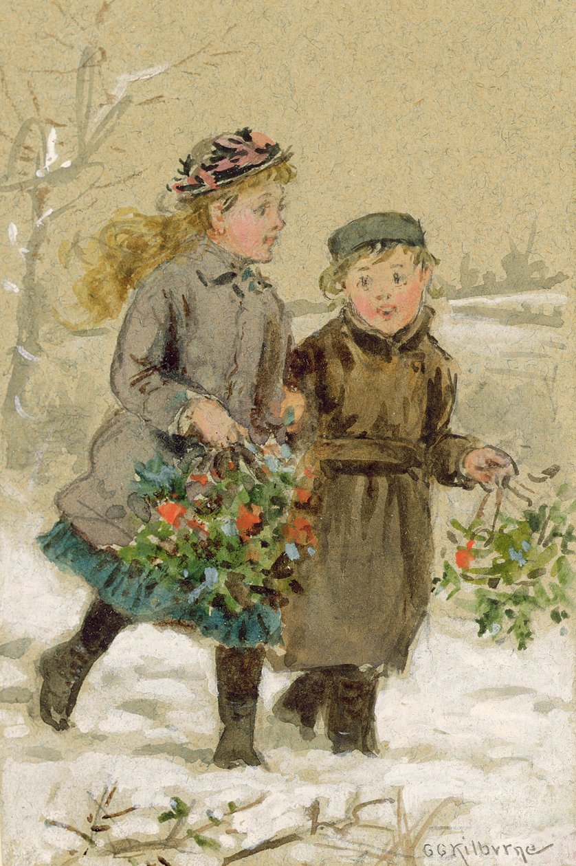 Lapset leikkivät lumessa - keräilemässä Hollya (wc korotettu valkoisella paperilla) (katso pari kohdasta 224240) tekijältä George Goodwin Kilburne