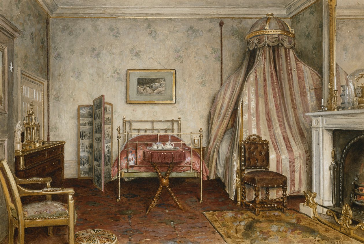 Näkymä makuuhuoneesta, jossa Napoleon III kuoli, Camden Place, Chislehurst, Kent, 1873 tekijältä George Goodwin Kilburne