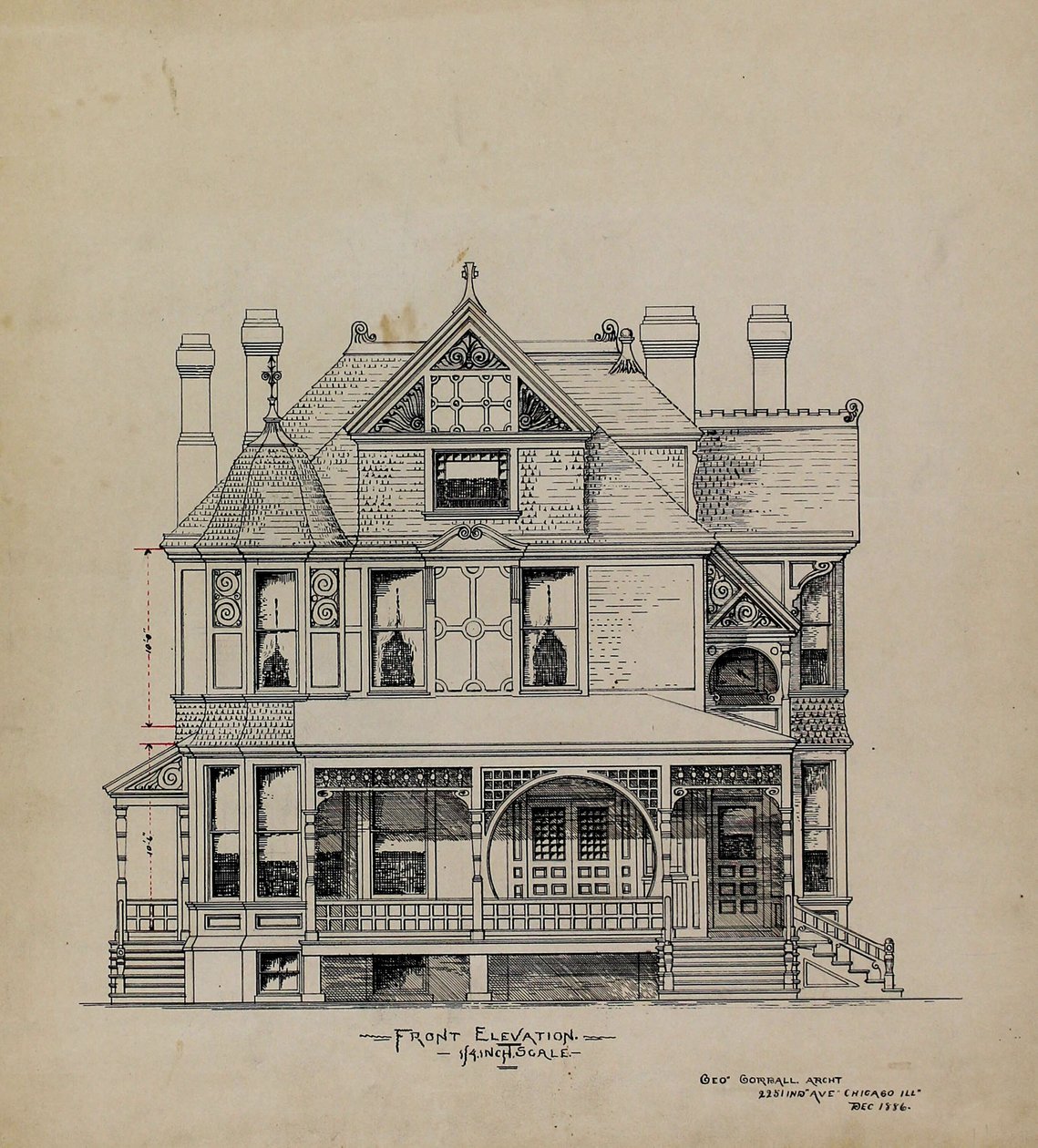 Esityksen suunnittelupiirustukset, Dr. Stratfordin asuinpaikka, Chicago, Illinois, Front Elevation tekijältä George Gorball