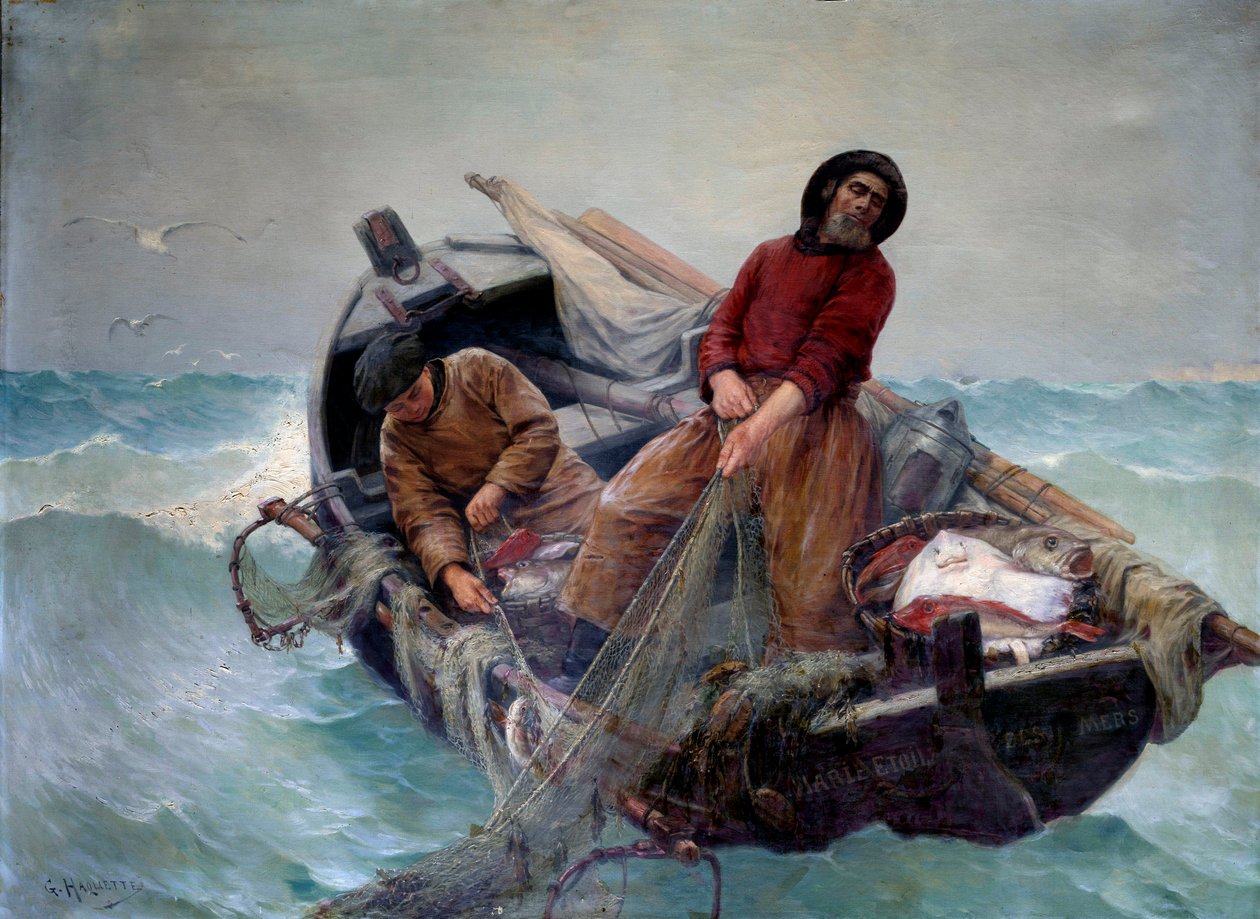 Kalastus avomerellä. Georges Haquetten (1854-1906) maalaus tekijältä George Haquette