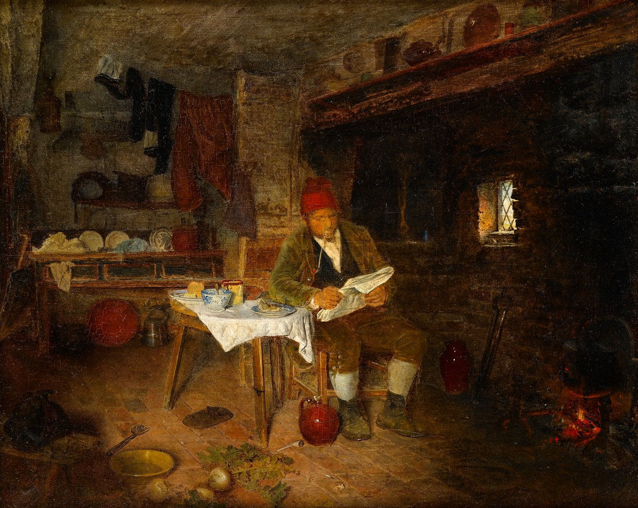 Maalaismainen koti: Reading the News, 1855 tekijältä George Hardy