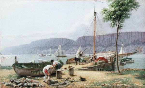 Iltapäivä - Hastingsin laskeutuminen. Palisade Rocks in Shadow, New York, n. 1836 (akvarelli, guassi ja grafiitti paperille) tekijältä George Harvey
