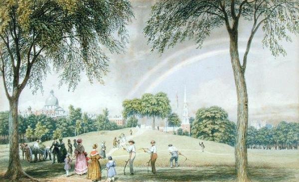 Afternoon Rainbow - Boston Common Charles Street Mallilta, Boston, Massachusetts, n. 1830-40 (akvarelli paperille) tekijältä George Harvey